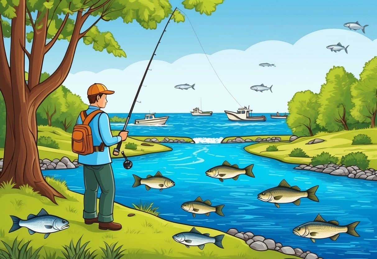 A person standing on a riverbank with a fishing rod, surrounded by trees and freshwater fish. In the distance, the river merges with the ocean where boats and saltwater fish can be seen