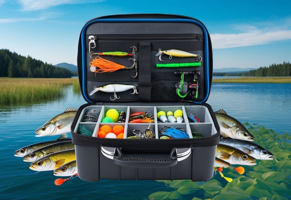 A tackle box with neatly arranged compartments holds various fishing gear and lures, surrounded by a backdrop of serene freshwater and saltwater landscapes