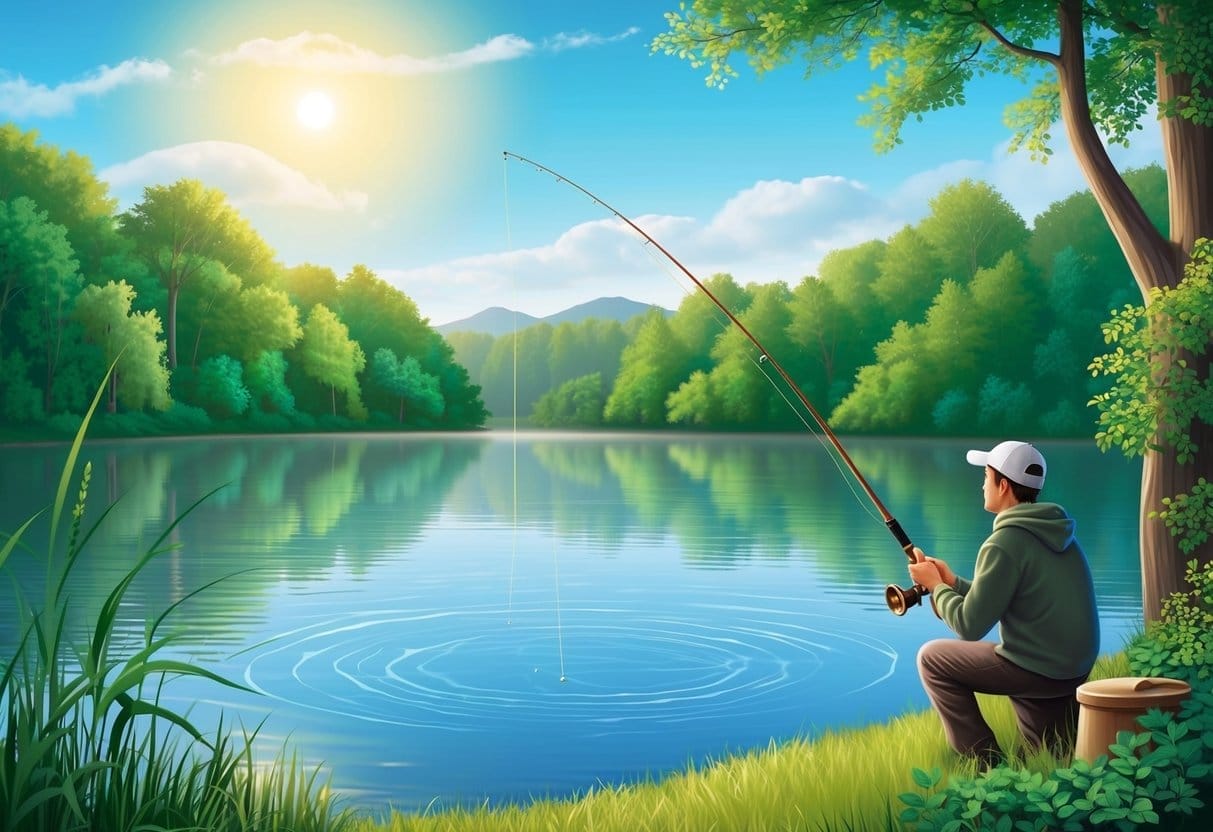 A tranquil lake surrounded by lush greenery, with a fishing rod casting a line into the calm water under a bright, sunny sky